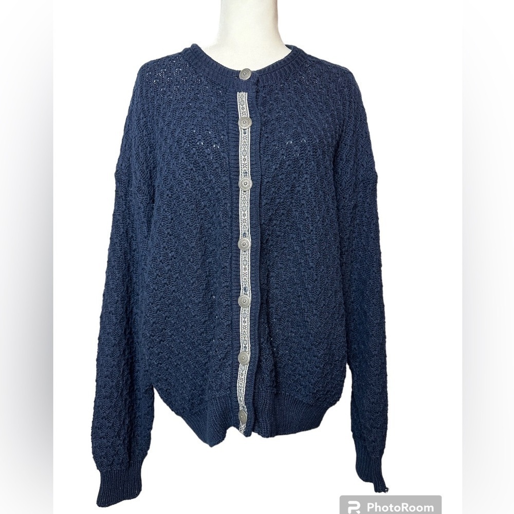 Winona Vintage Cottagecoare Knit Button Down Blue Cardigan Sweater Crochet Size